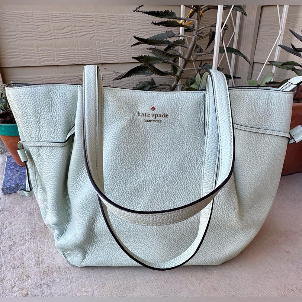 Kate Spade New York Leather Tote mint Work Bag Carryall Travel Purse Spade EUC